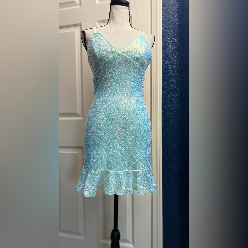 Iridescent Light Blue Sequin Mini Dress with Ruffle Hem